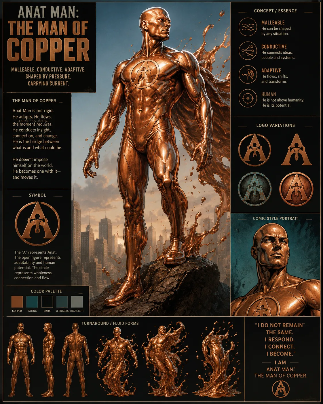 Anat Man concept sheet showing copper form, symbols and visual language