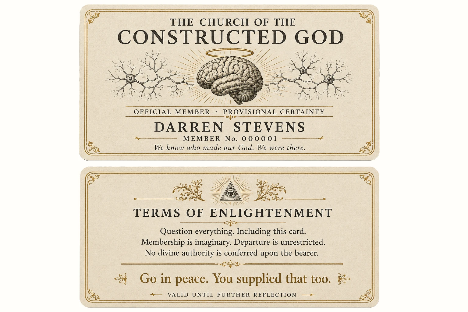 A congregation follows diagrams while neural threads from a brain on the altar assemble a luminous god inside a cathedral.